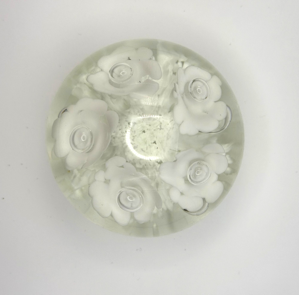 Joe Rice Glass Paperweight Controlled Bubble White Trumpet Flower 4" Vintage